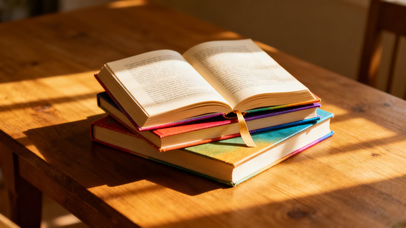 Stack of open books on a wooden table.
