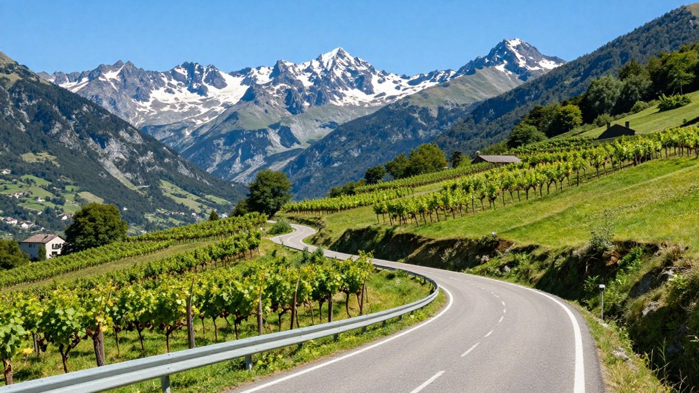 Scenic road through vineyards towards snow-capped Pyrenees mountains.