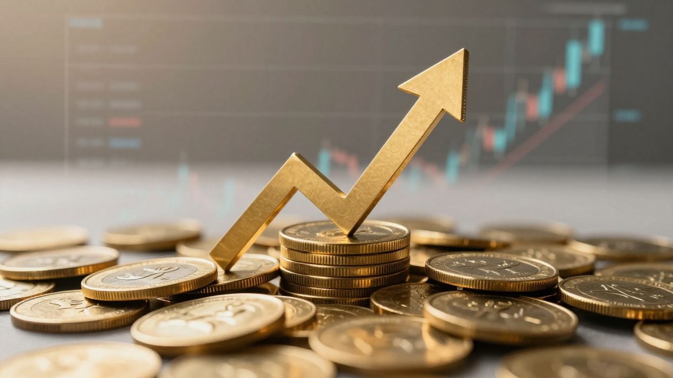 Crescimento financeiro com moedas douradas e seta ascendente.