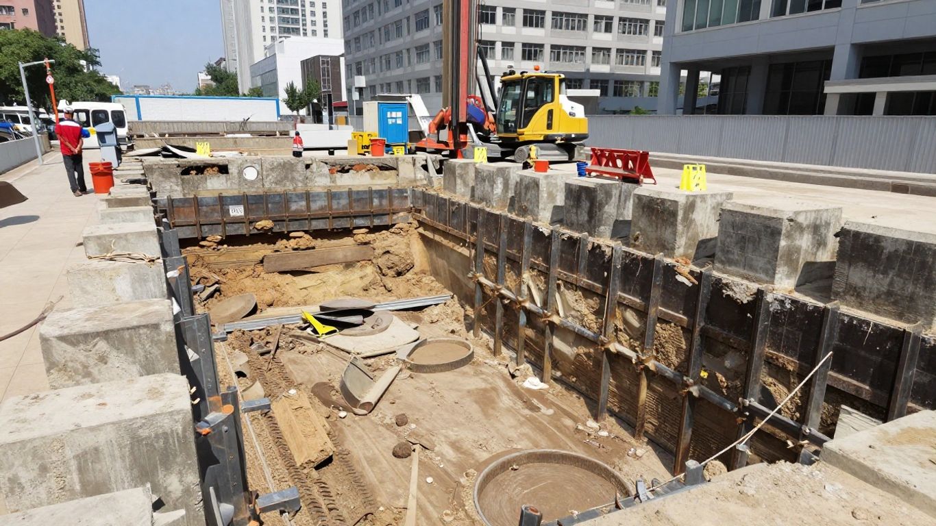 Temporary excavation walls beside urban structures