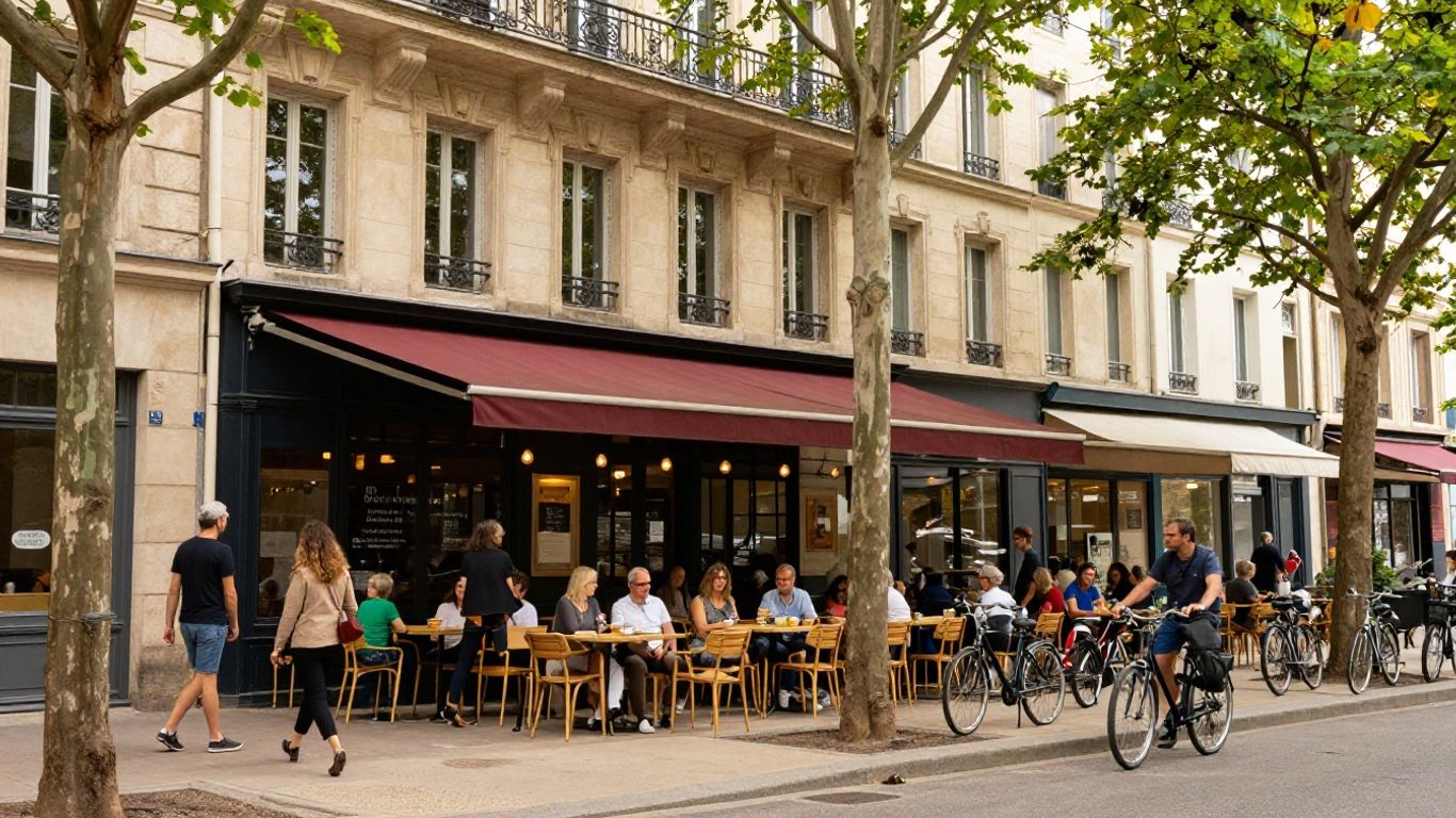 Rue commerçante avec terrasse de restaurant animée