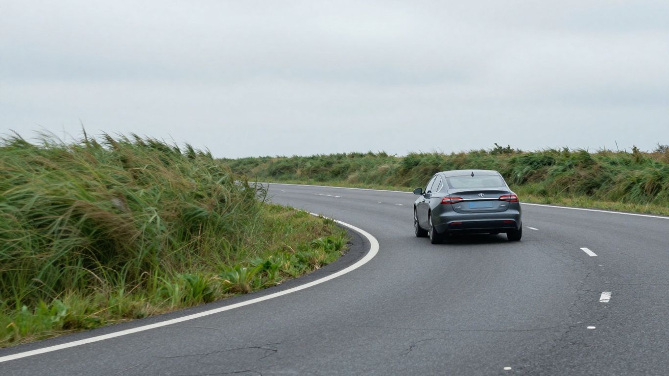 Car traveling through windy uneven highway conditions