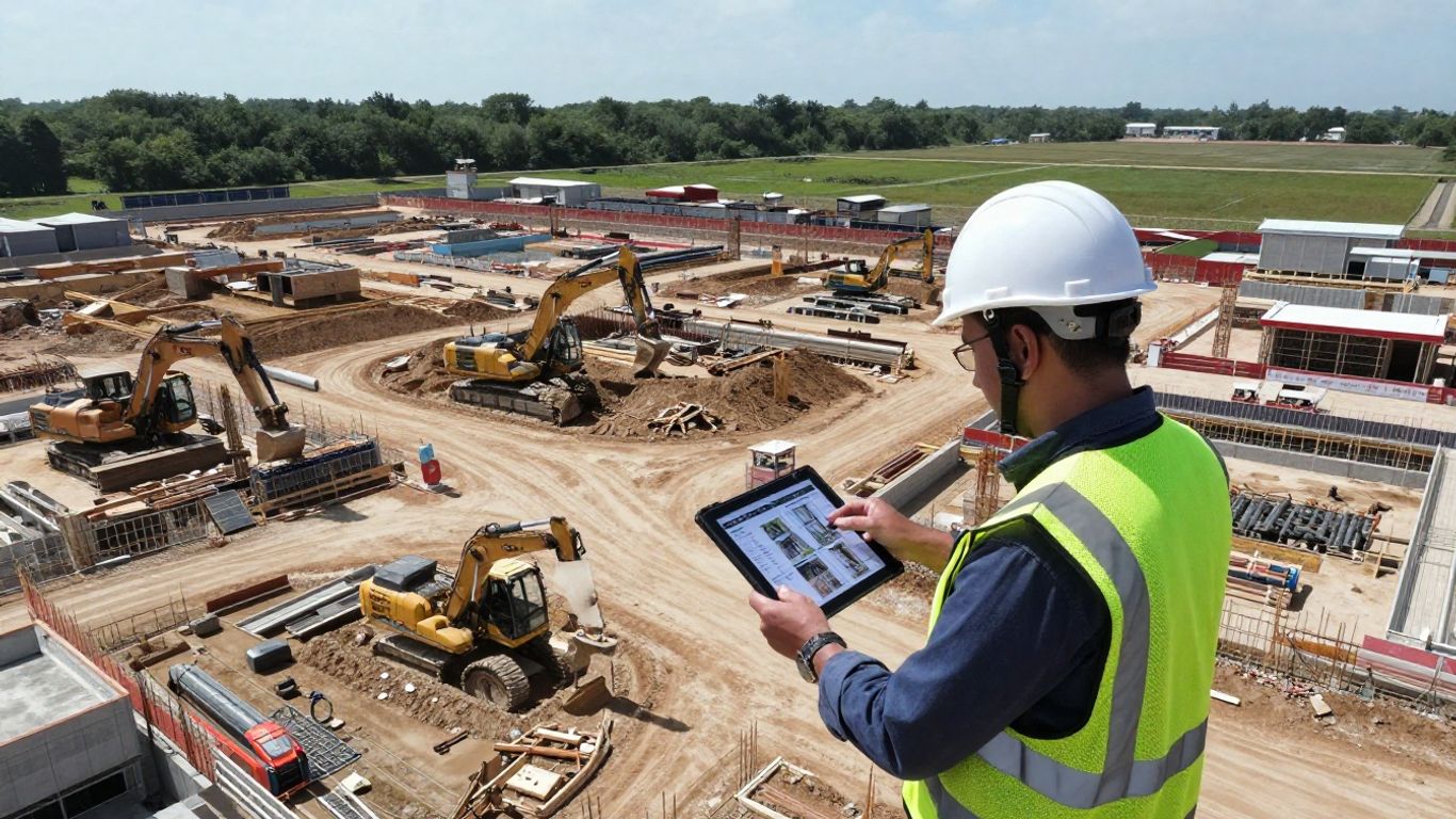 Drone view of construction site progress and issues.