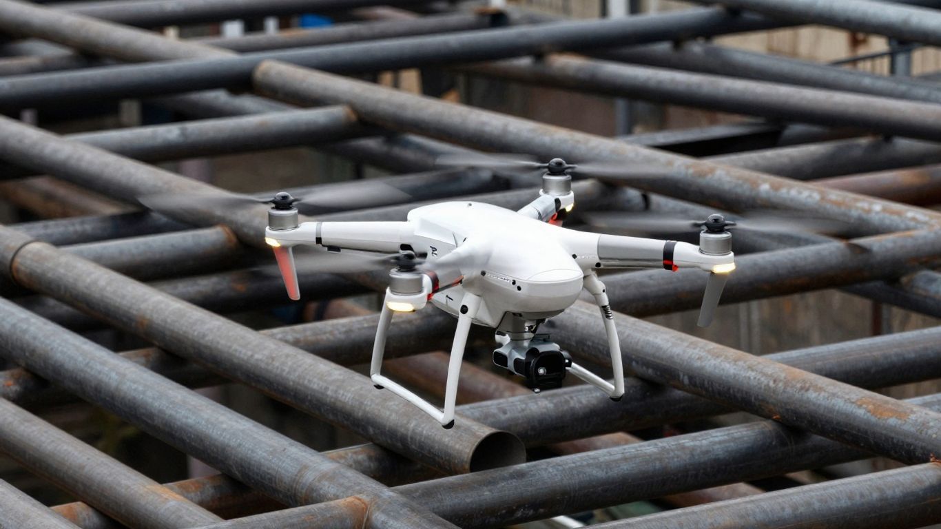An autonomous drone flying through a complex urban space