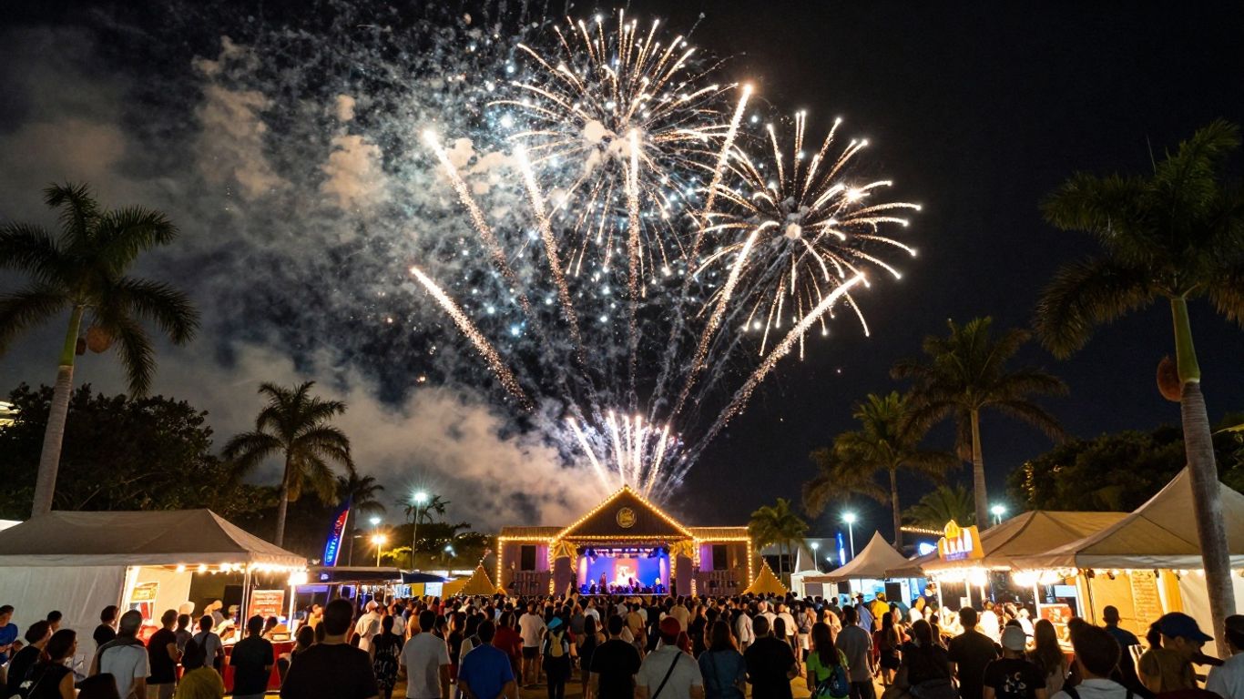 Gold Coast fireworks display over a crowd.