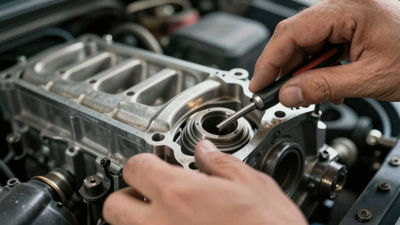 Mechanic inspecting a used car engine part for quality.
