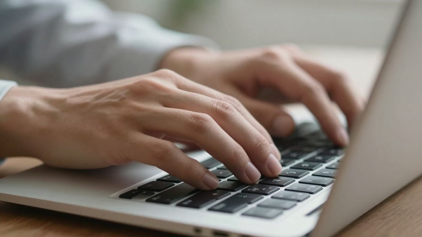 Mains tapant sur un clavier d'ordinateur portable pour la recherche de mots-clés.
