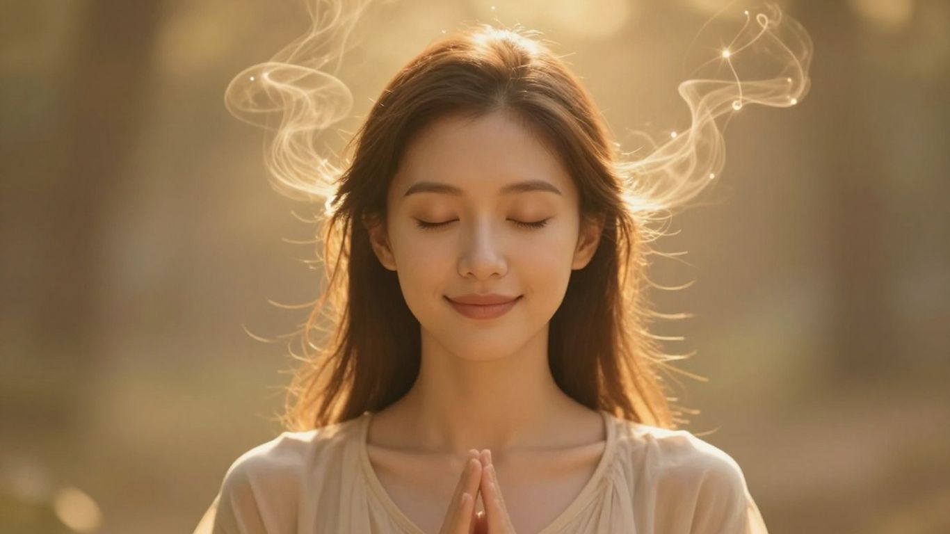 Person meditating with glowing energy.