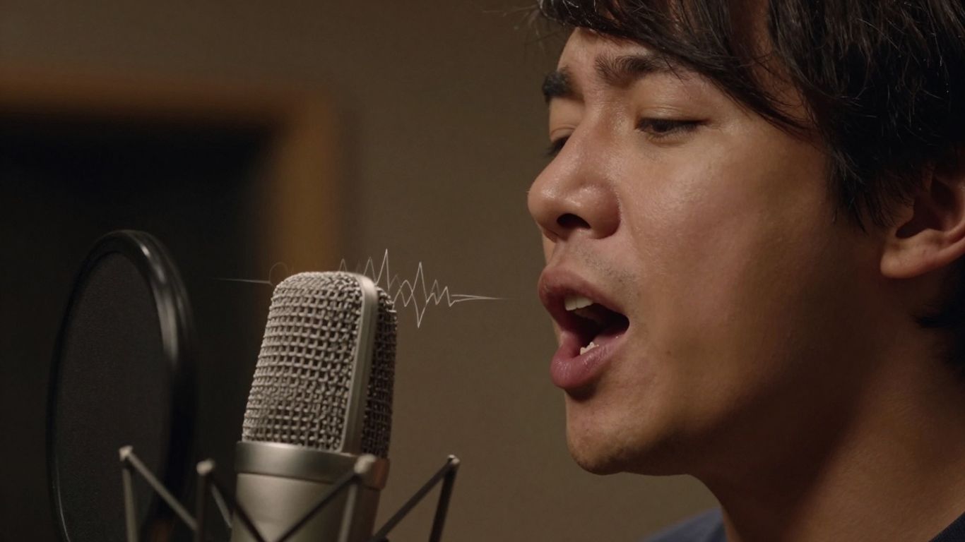 Singer with thin vocals in a studio.