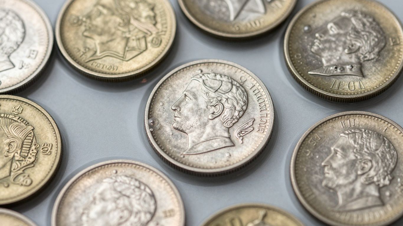 Coins submerged in water for specific gravity testing.