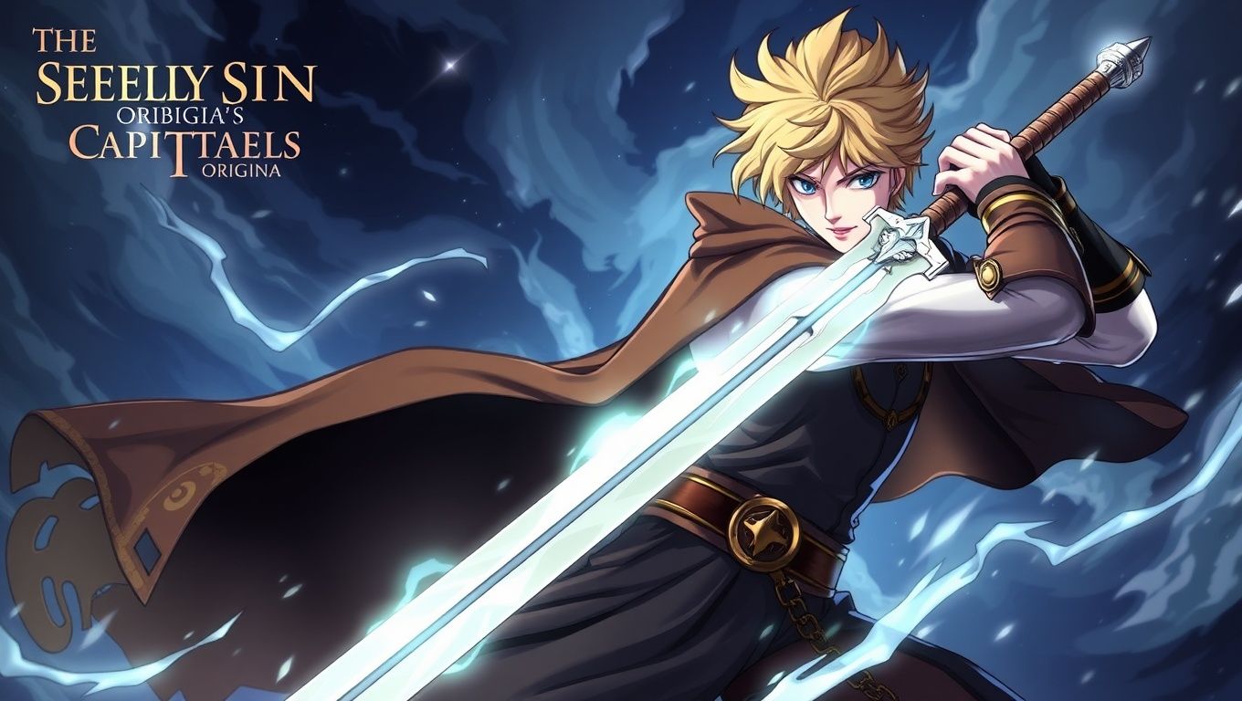 Uma imagem épica de Tristan, o novo protagonista de The Seven Deadly Sins Origin, empunhando uma espada com os Sete Pecados Capitais ao fundo no vasto continente da Britânia.