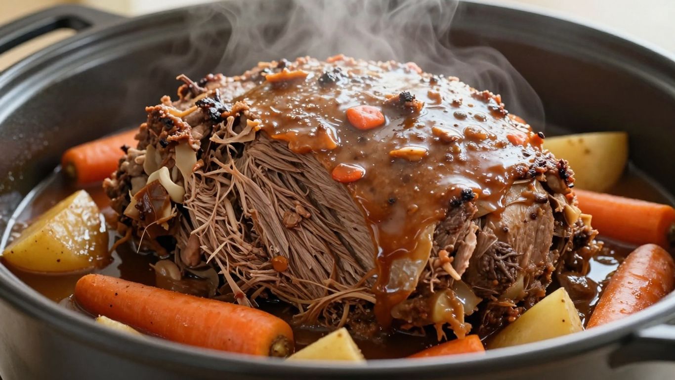 Tender chuck pot roast in a slow cooker with vegetables.