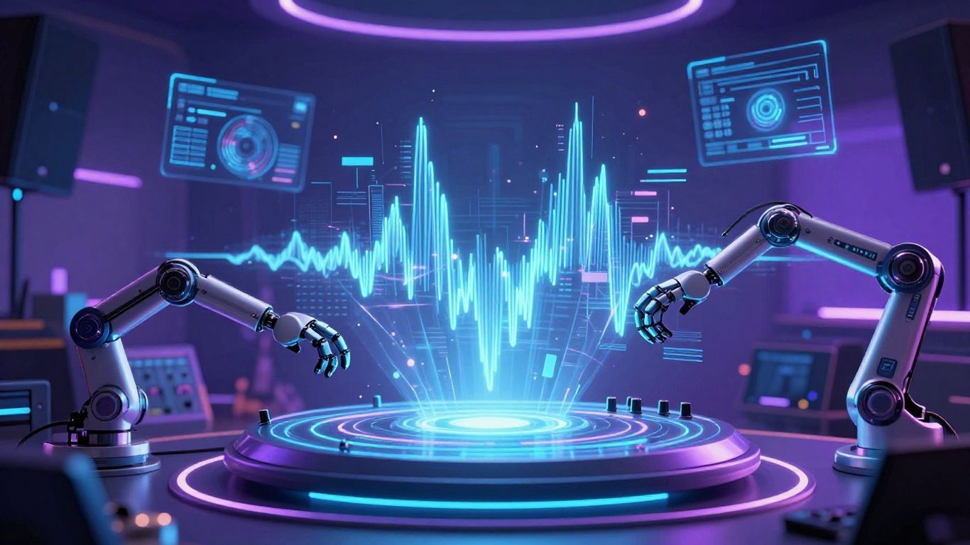 AI music production studio with holographic sound waves.