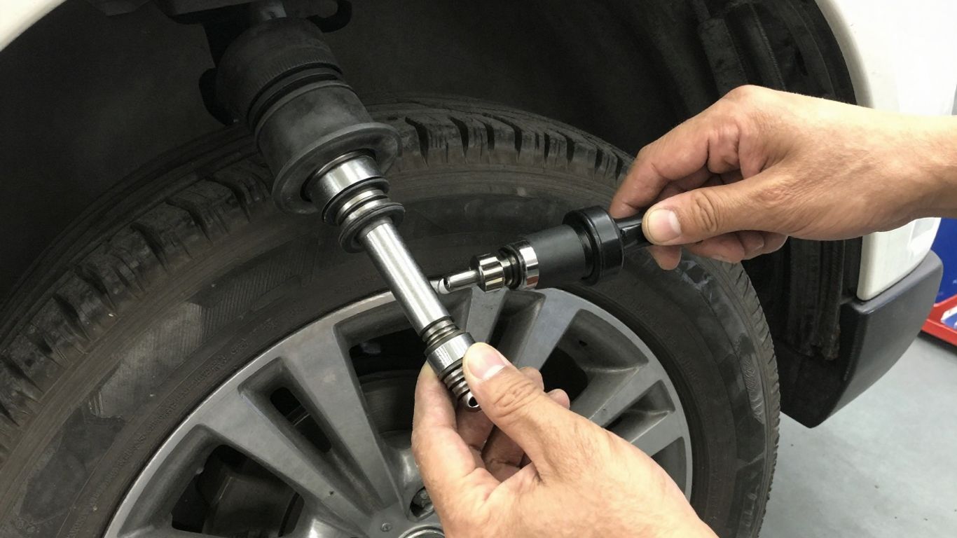 Tie rod end beside vehicle wheel assembly