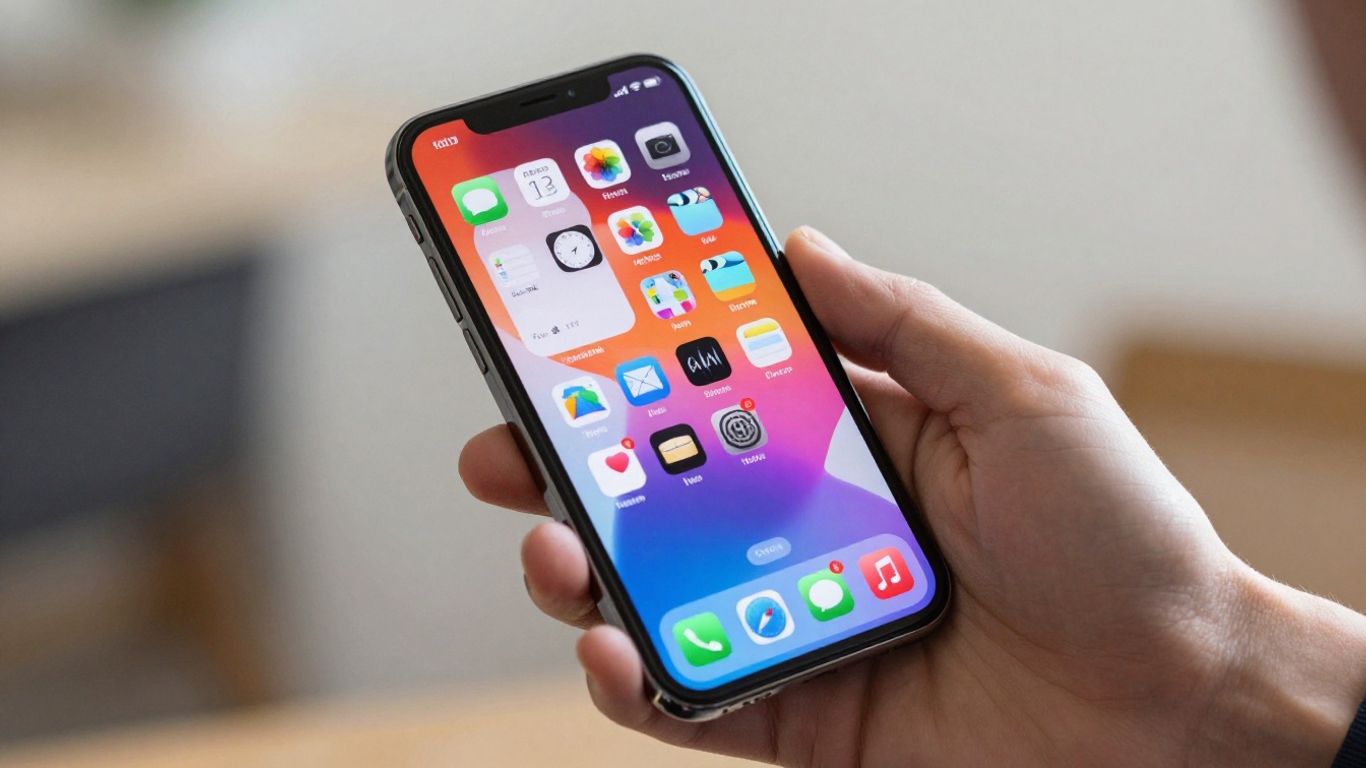Mão segurando um iPhone com ícones de aplicativos coloridos.