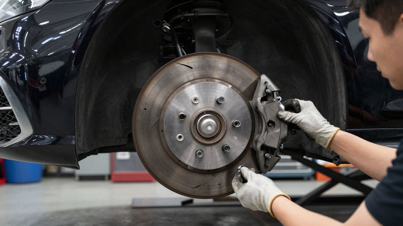 Close view of Mercedes brake components during inspection
