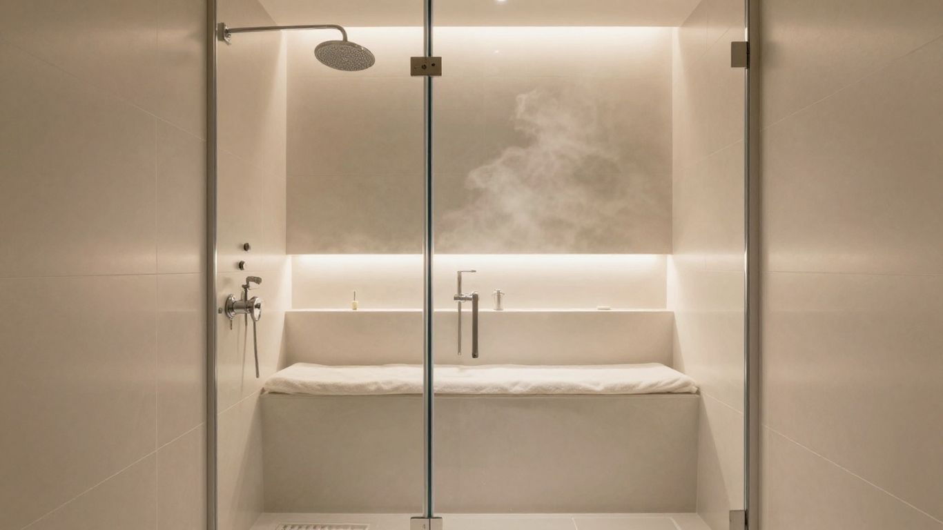 Luxurious steam shower interior with glass enclosure and modern fixtures.