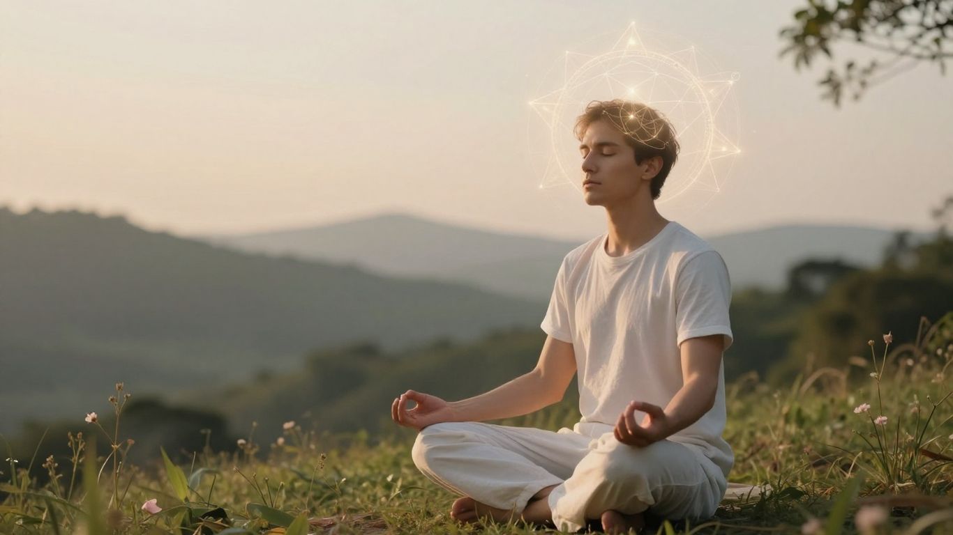Person meditating with glowing geometric patterns around head.