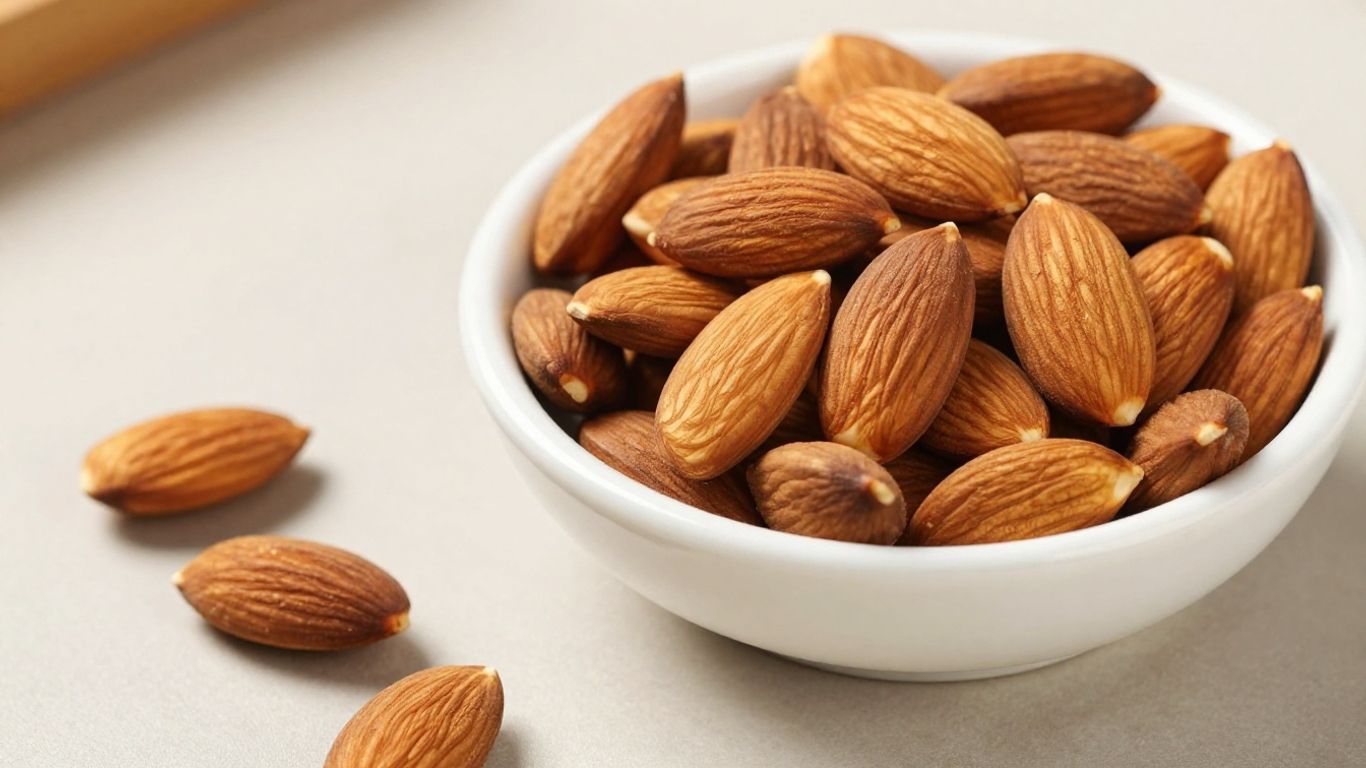 Soaked almonds in a bowl on a table.