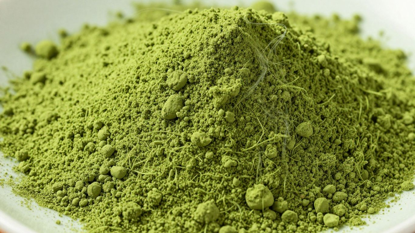 Vibrant green matcha powder in a close-up photographic view.