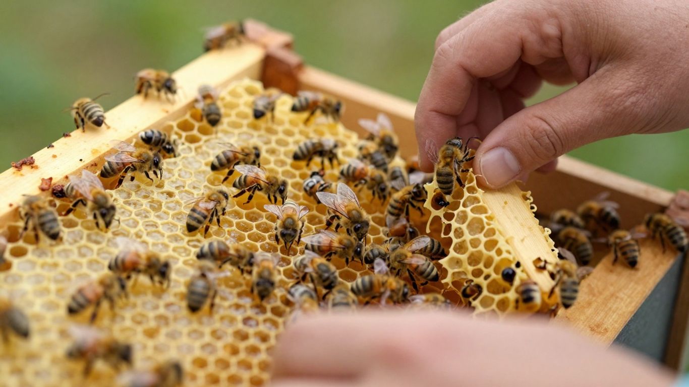 Beekeeper with honeybees and honeycomb frame.