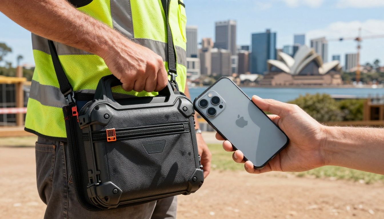 A tradie on a construction site in Australia, with the Sydney skyline in the background, pulling an iPhone 17 Pro Max from their tool belt, protected by a rugged, heavy-duty case.