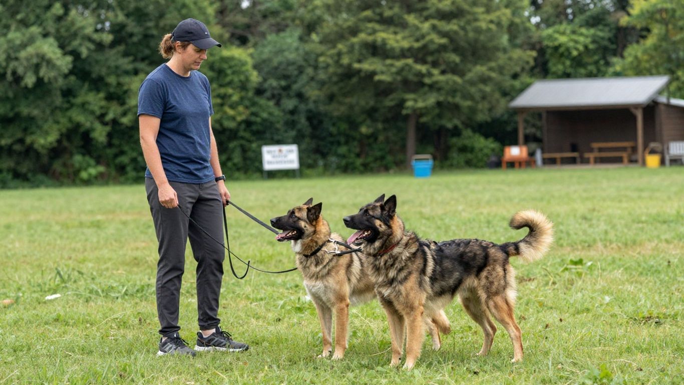 Trainer working with a dog on a field