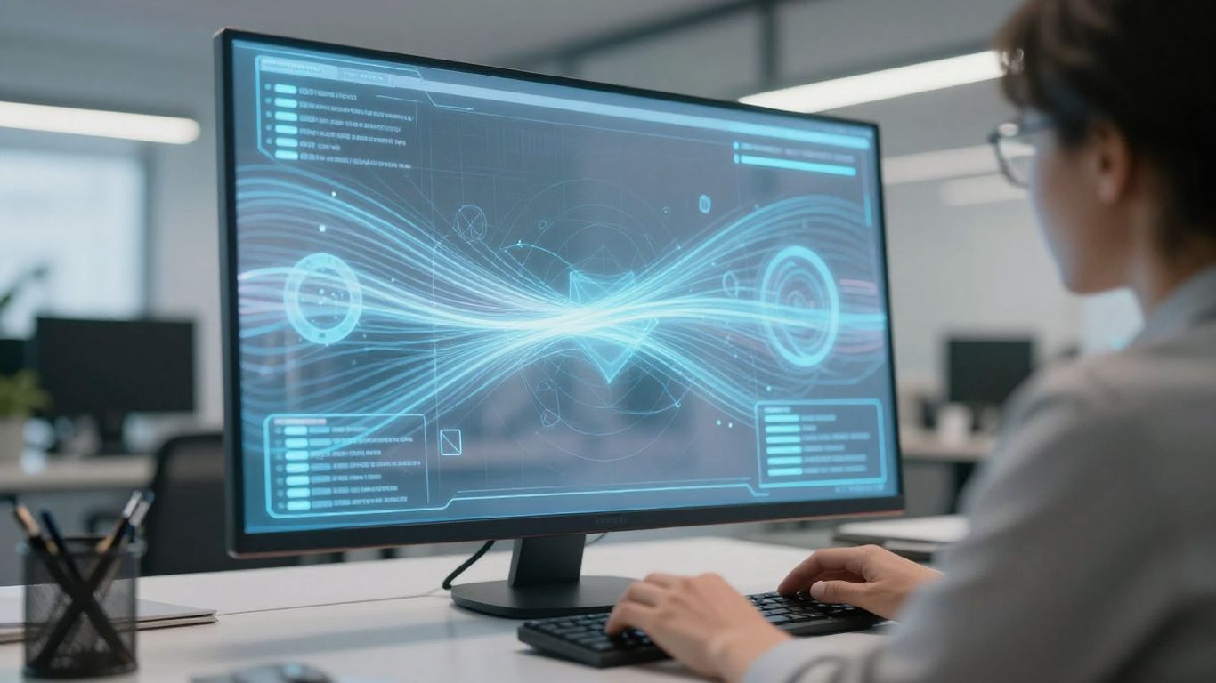 Personne travaillant avec une interface IA holographique dans un environnement de travail