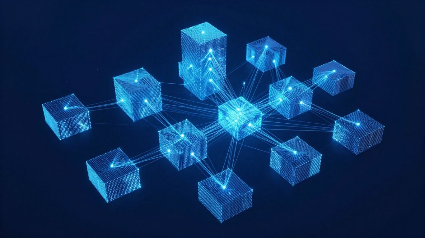 Abstract blockchain network with glowing connections.