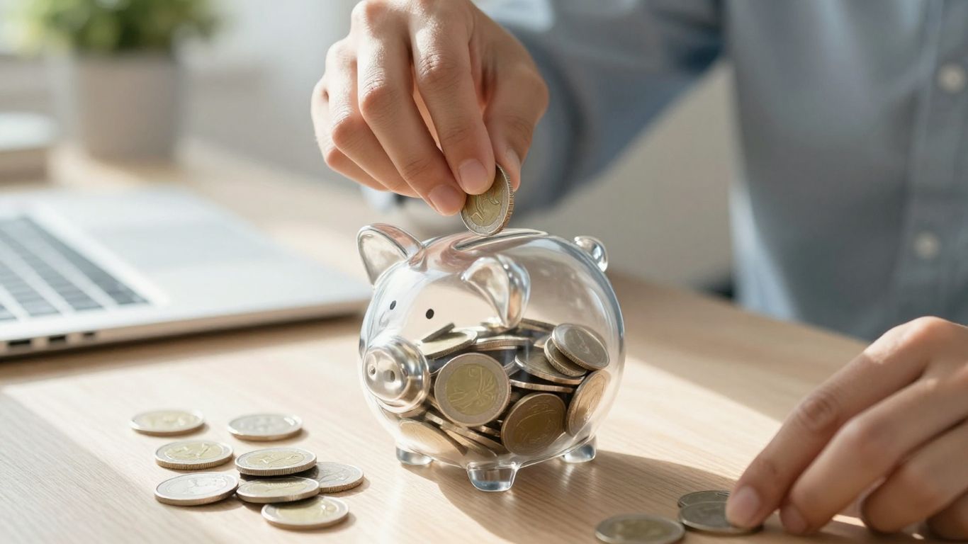 Manos colocando monedas en una alcancía de laptop.
