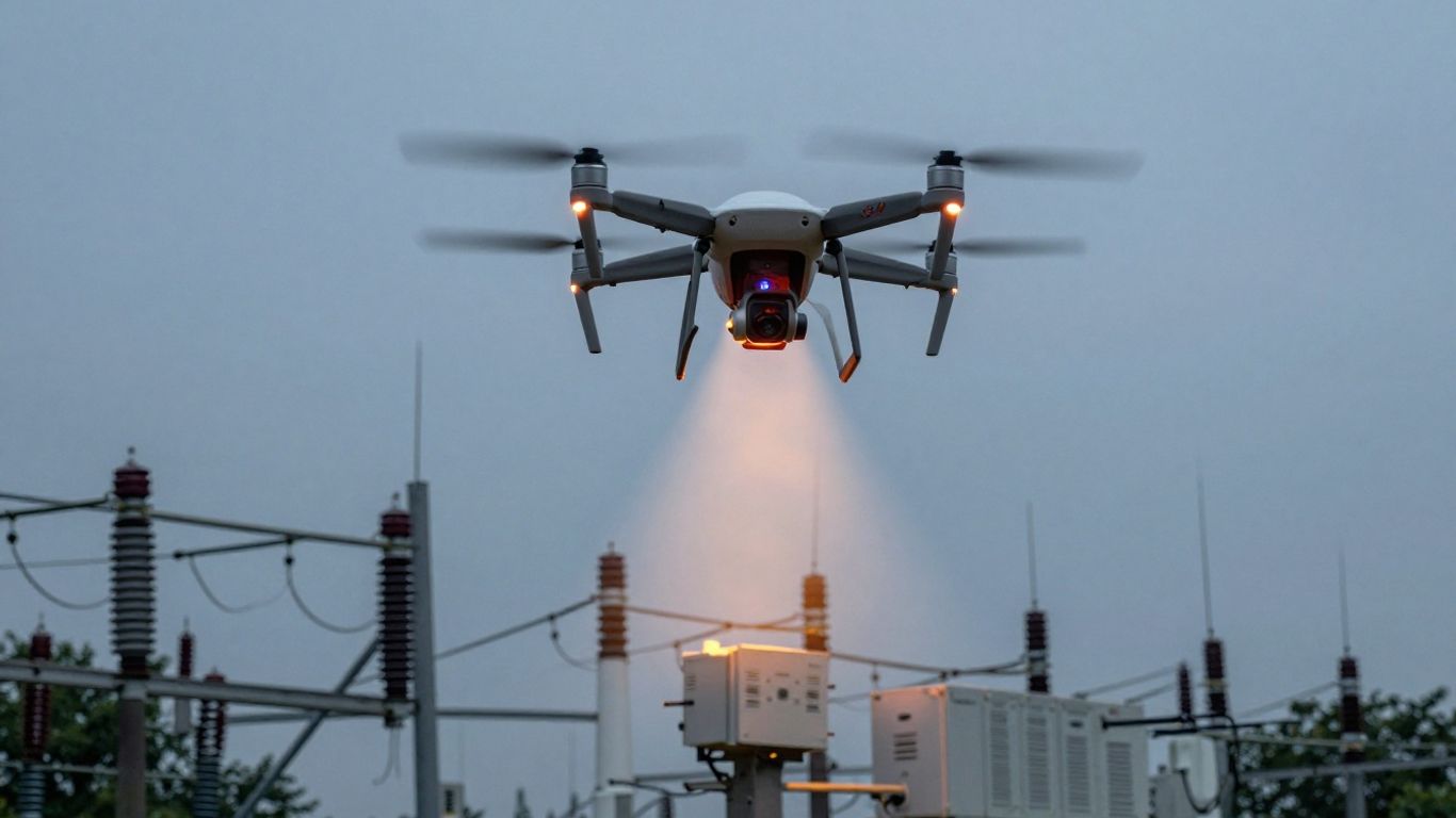 Drone inspecting utility substation with thermal camera.