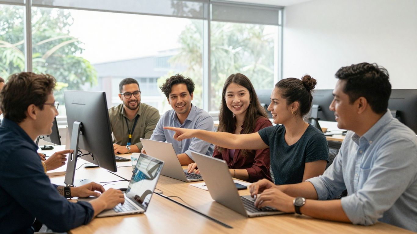 DHHS employees collaborating in a bright, modern office.
