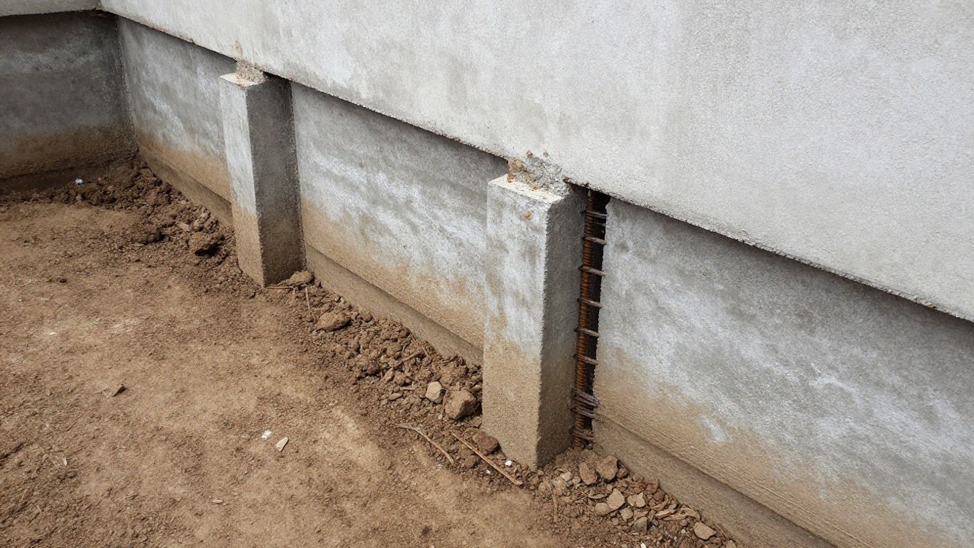 Cross-section of a house foundation with concrete and rebar.