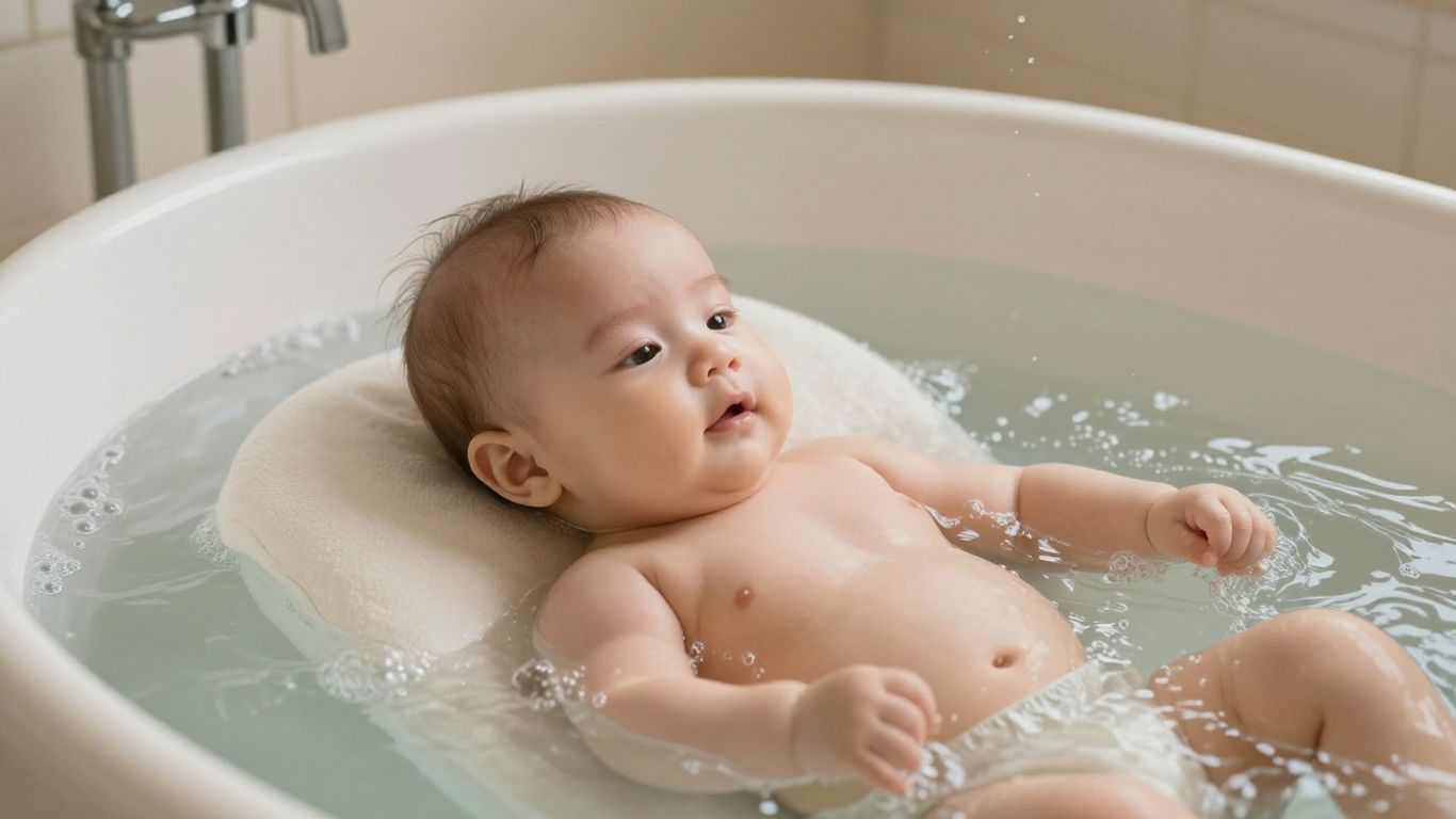 Bebé flotando en una piscina de spa con expresión relajada.