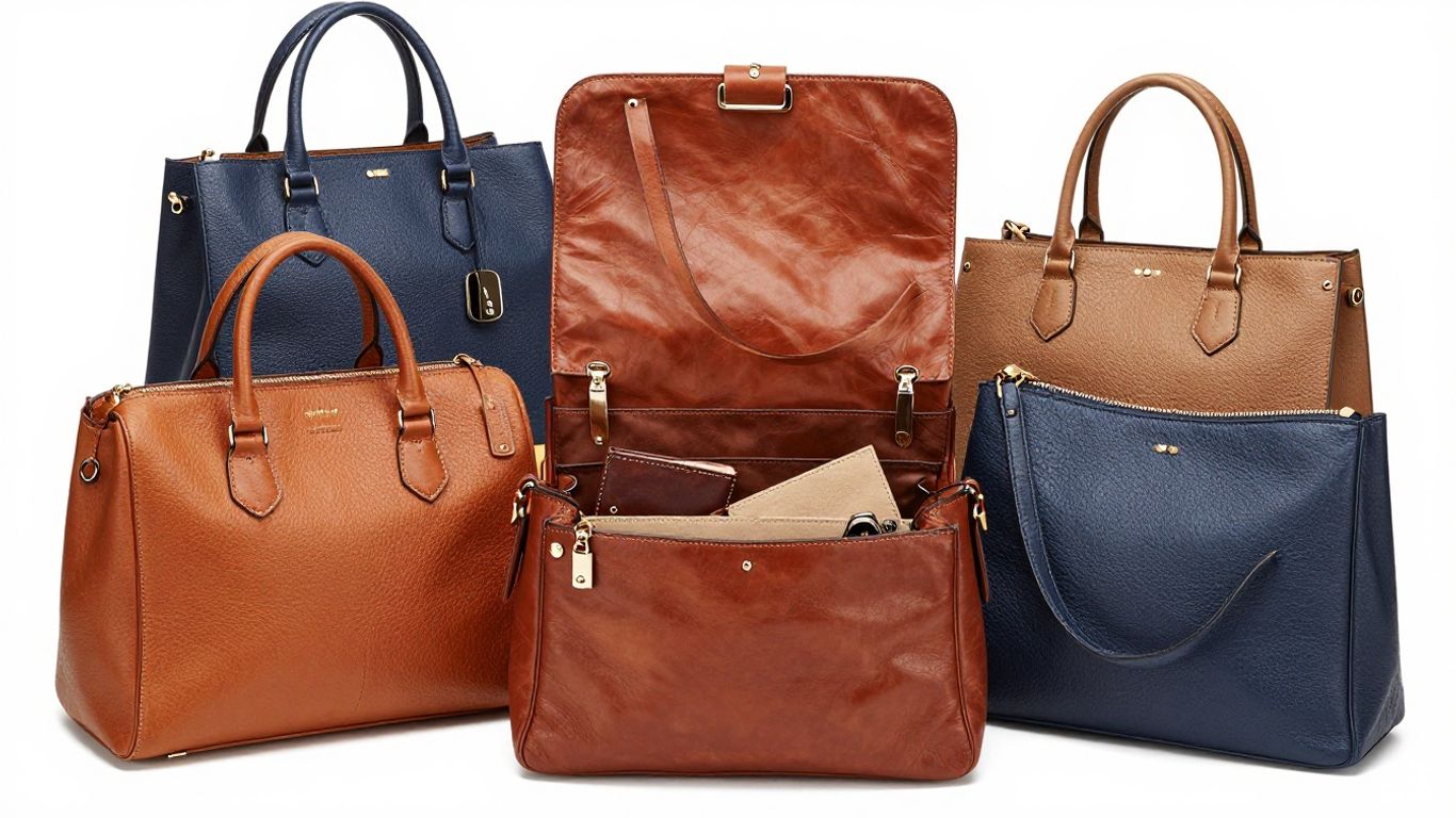 Various leather shoulder bags displayed attractively.