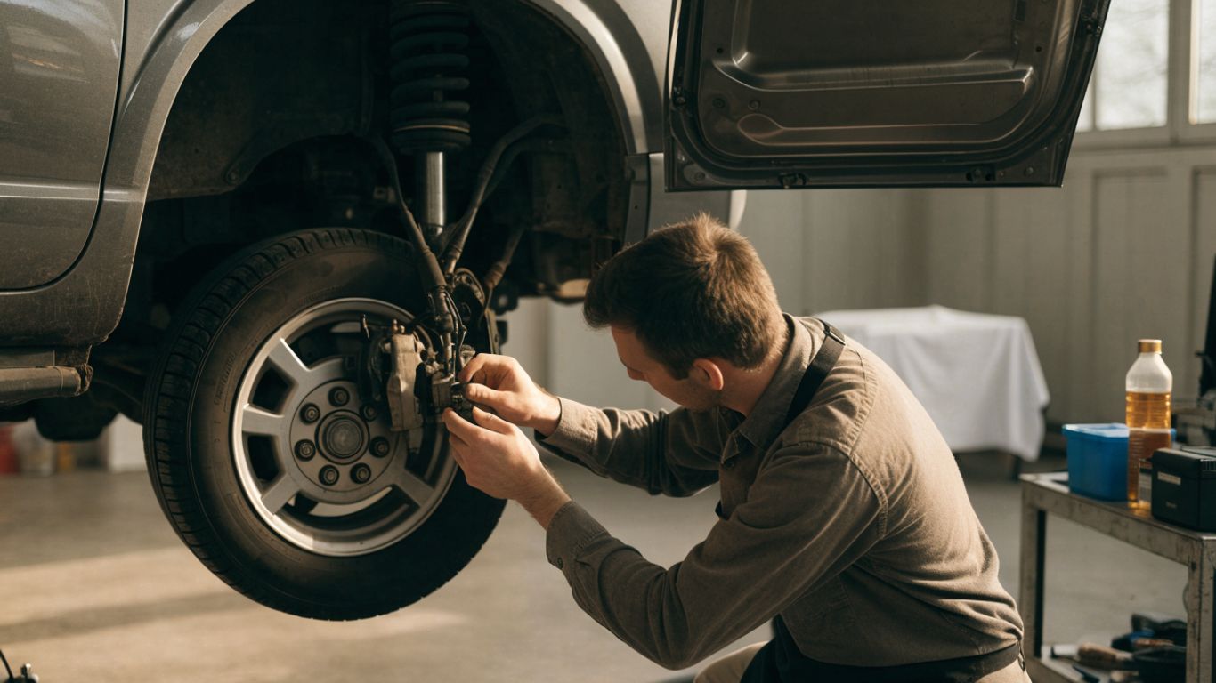 Technician inspecting a wheel speed sensor