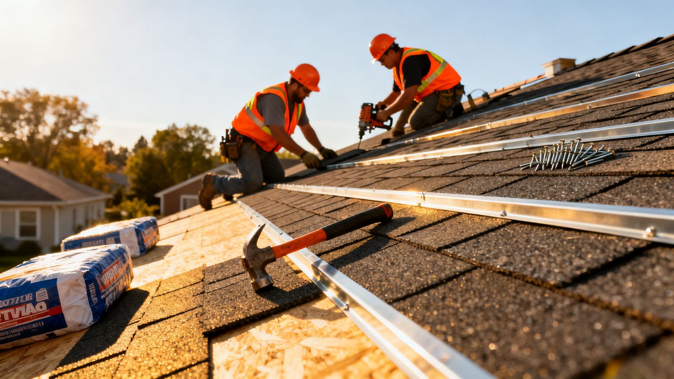 Crews installing roof shingles