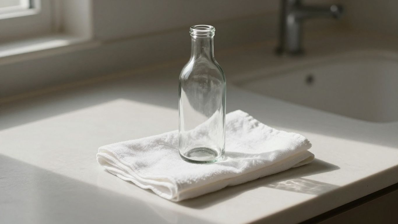 A clear bottle beside a folded cotton cloth