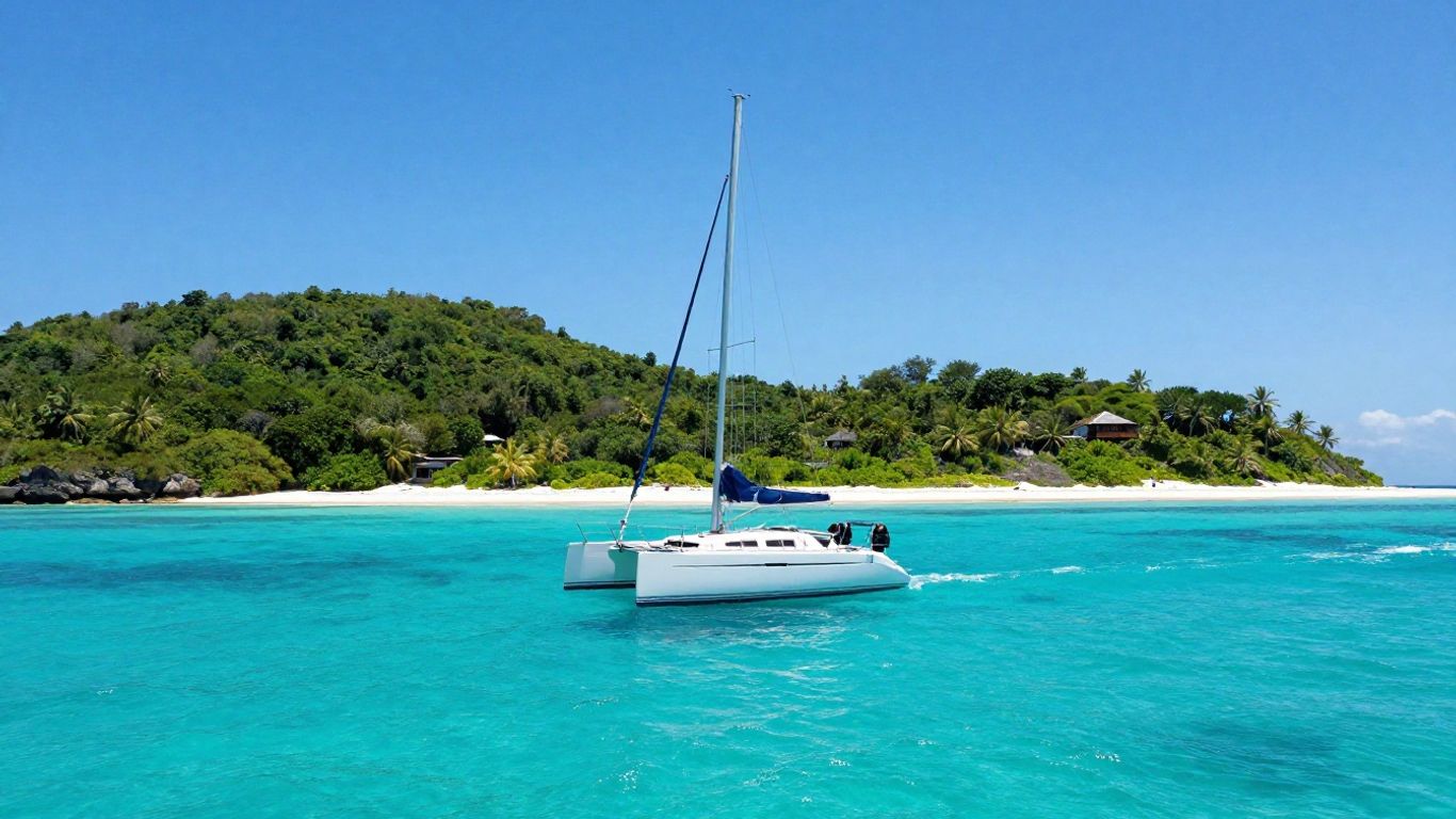 Bareboat sailboat sailing in the BVI turquoise waters.
