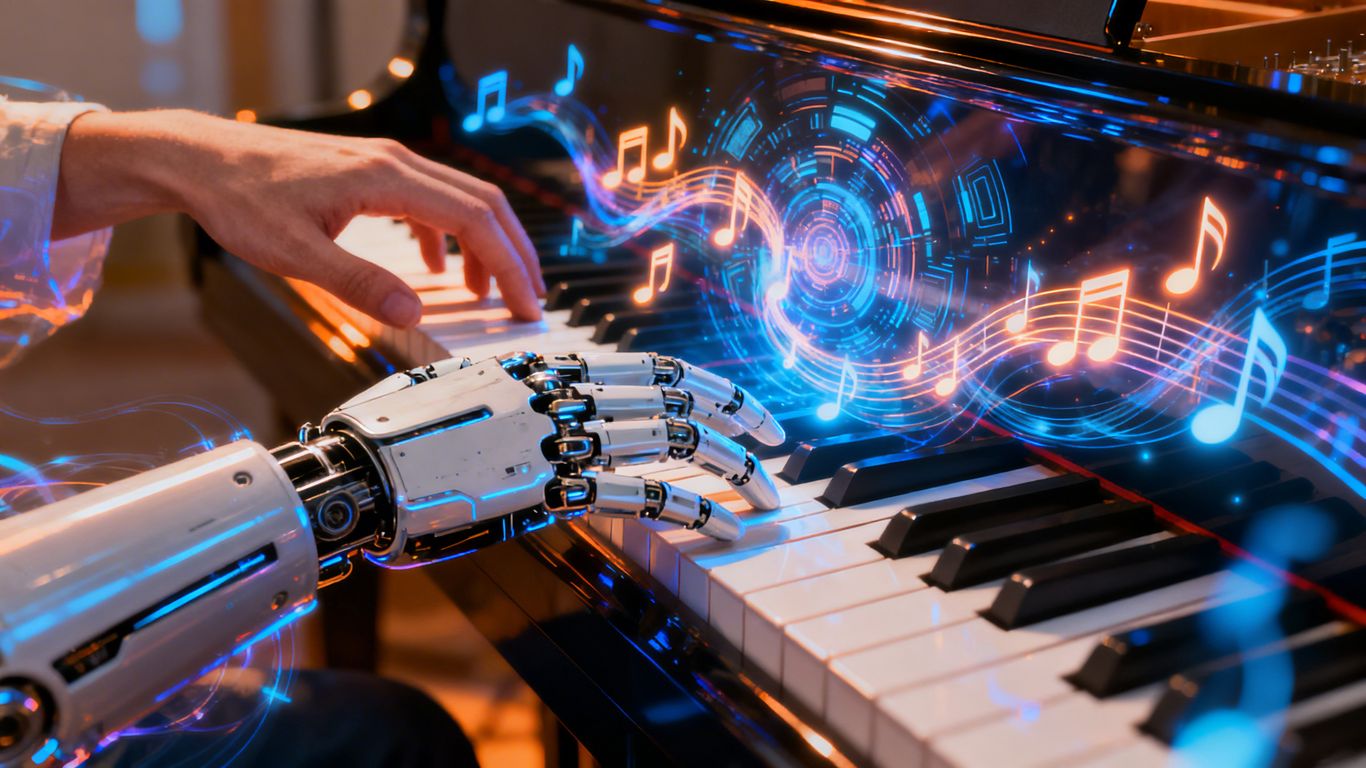 Human and AI hands playing piano together.