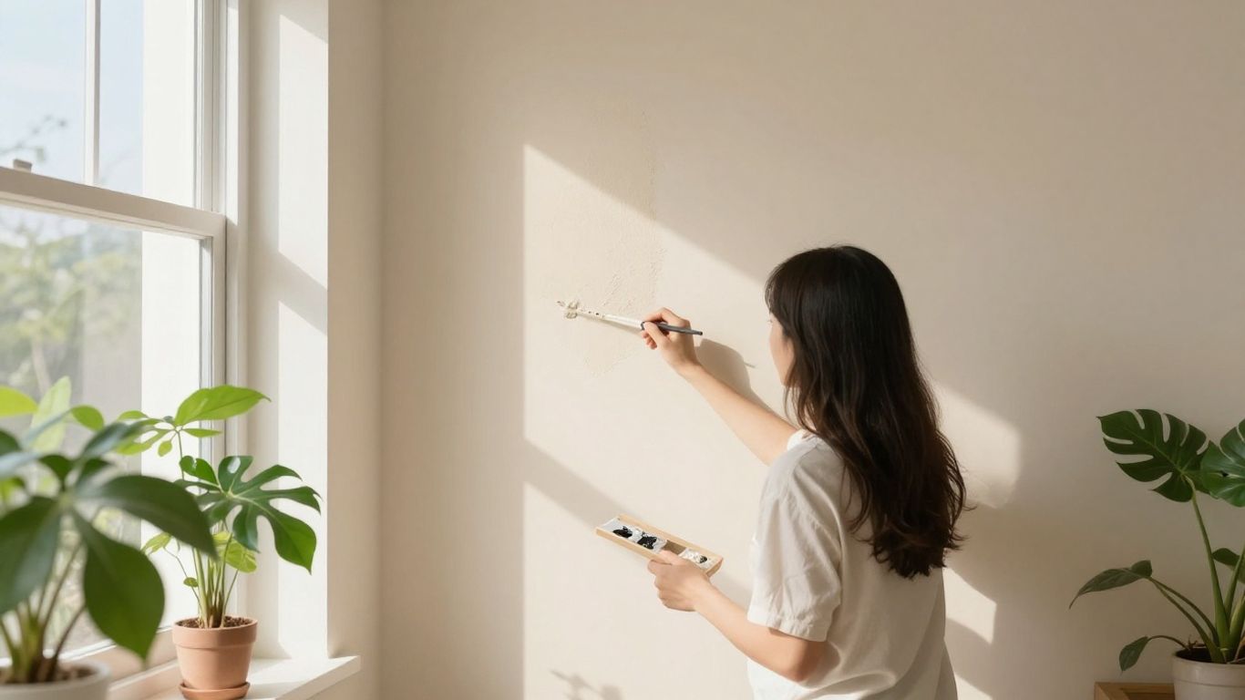 Person painting a wall with low VOC paint, plants nearby.