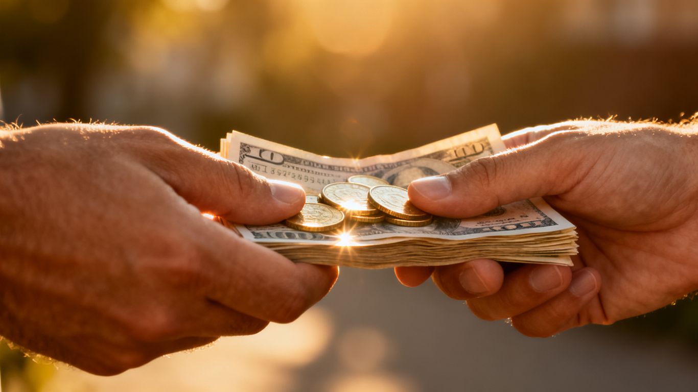 Hands exchanging money for fundraising.