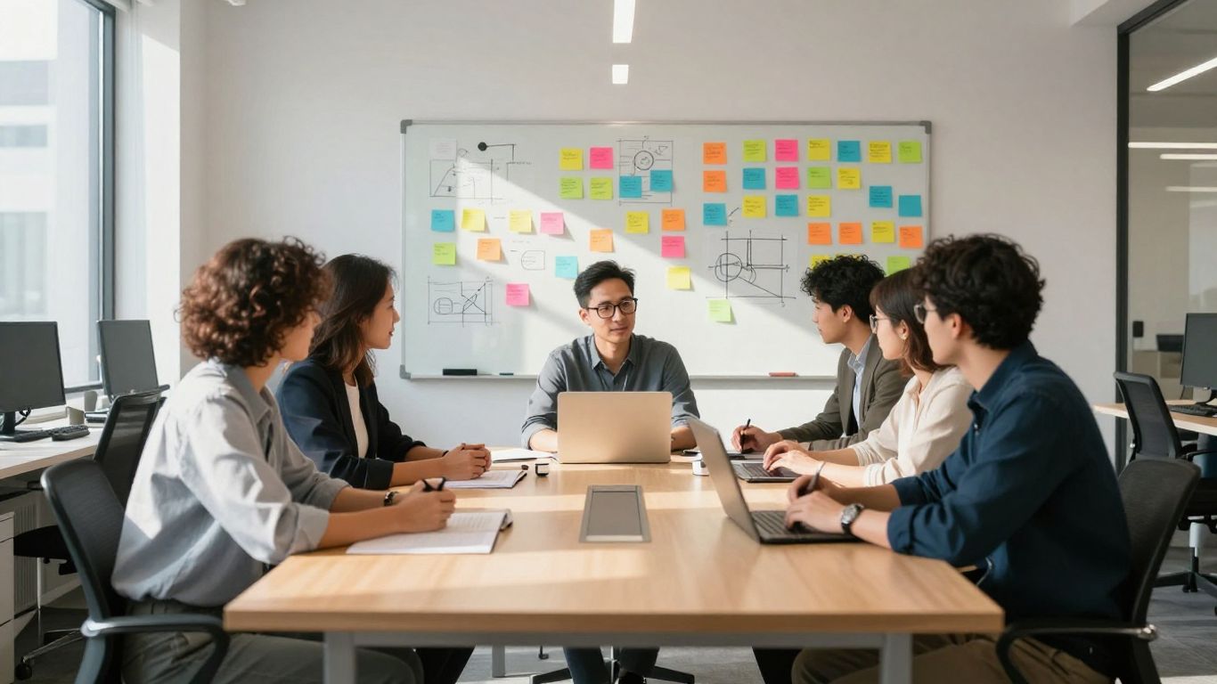 Team collaborating in a modern office, planning digital strategy.