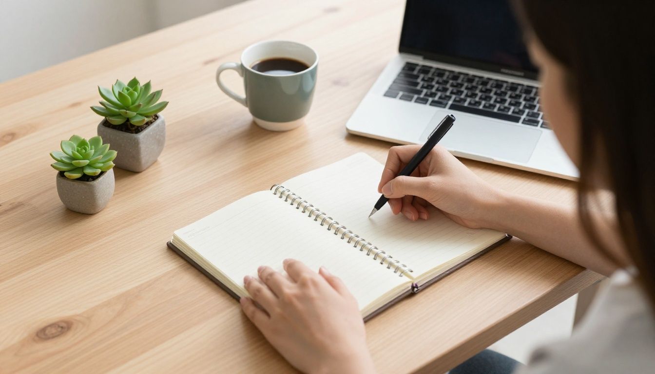 A modern and bright overhead shot of a woman's hands at a clean wooden desk, writing in a planner. A laptop, a cup of coffee, and a small, happy succulent are nearby, suggesting a moment of calm and intentional planning amidst a busy life.