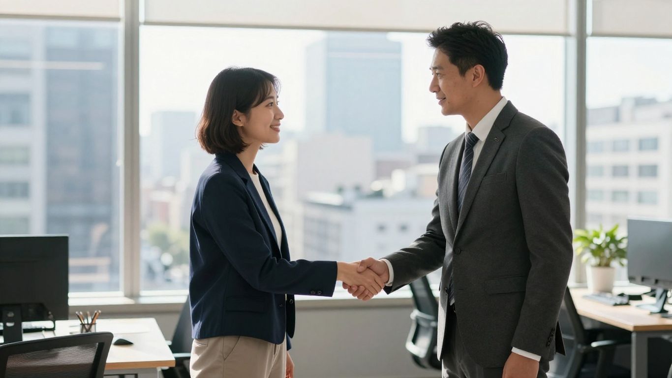 Business partners shaking hands in a modern office.