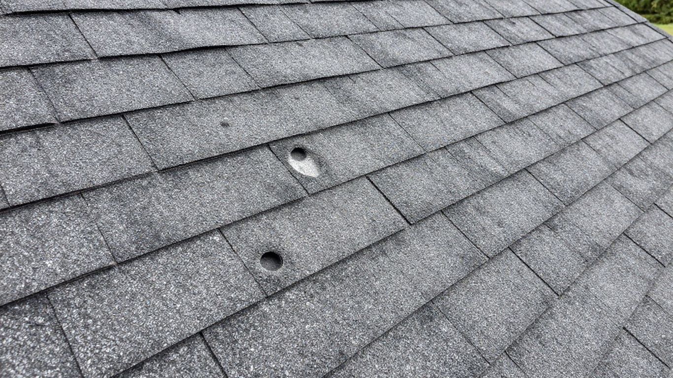 Hail damage on asphalt shingles after a storm.