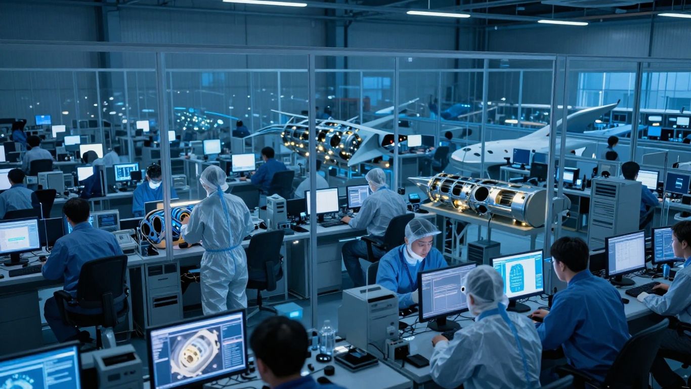 Engineers reviewing secure aircraft design data