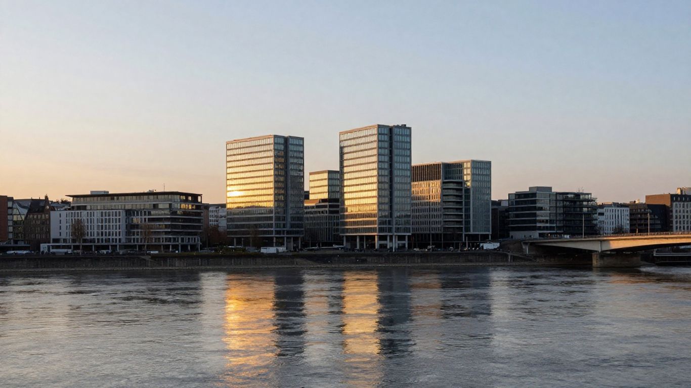 Moderne Kölner Skyline am Rhein bei Sonnenaufgang. Steuerberater Köln: Porz, Kalk, Ehrenfeld & Mülheim