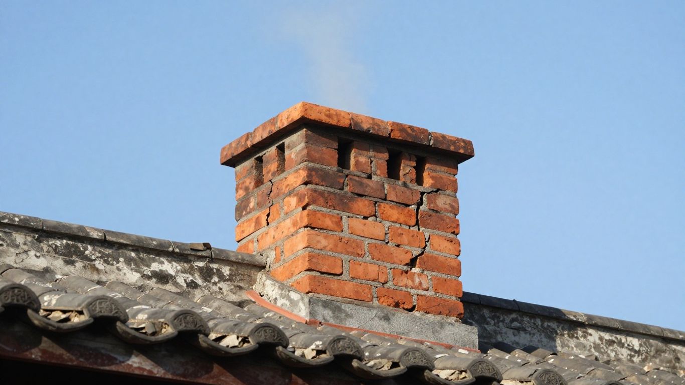 Brick chimney with visible damage, awaiting repair.
