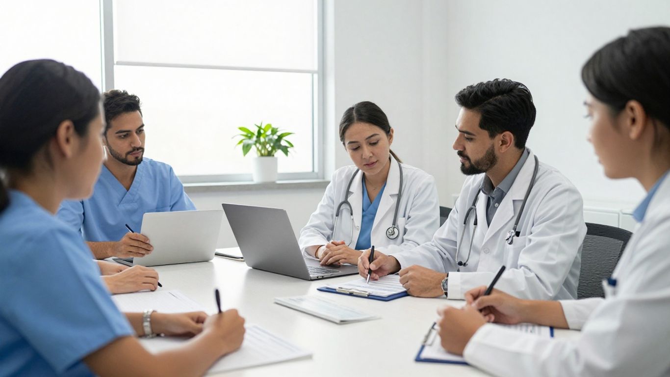 Healthcare marketing team reviewing patient campaign strategy